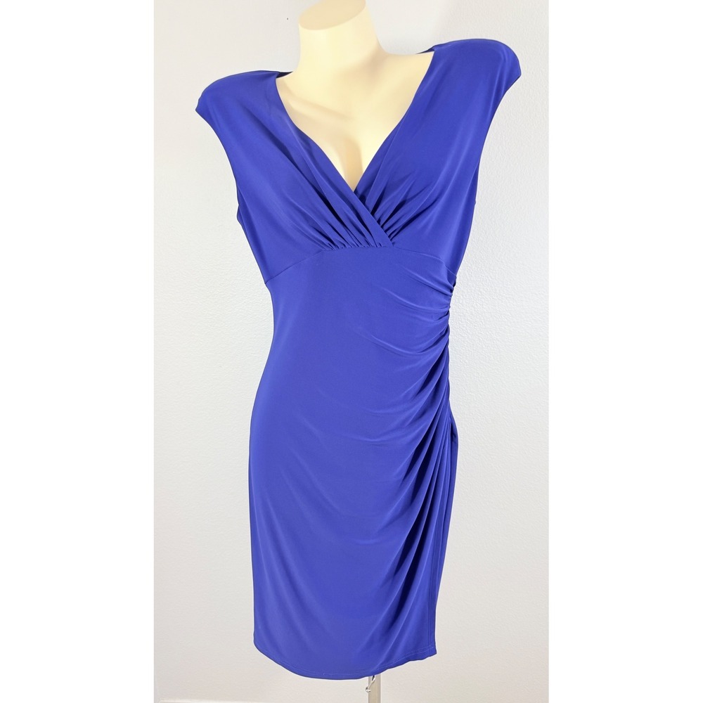 Lauren Ralph Lauren Royal Blue Cocktail Ruched V-Neck Sheath Dress Size 12 - Picture 10 of 10